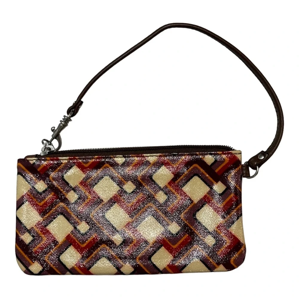 Fossil Wristlet Wallet Key Per Brown Coated‎ Canvas Geometrical Retro Print 70s
